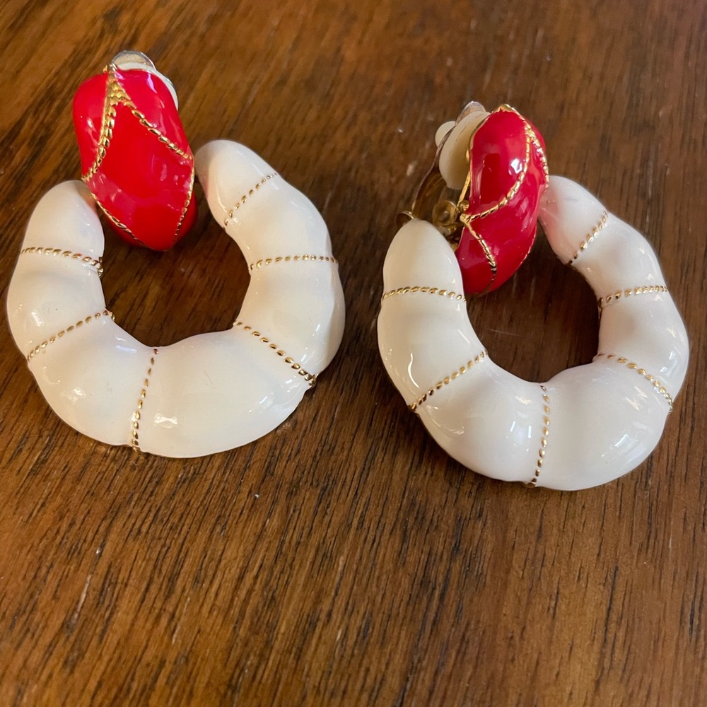 Vintage Red and White Hoop Earrings. Clip-on